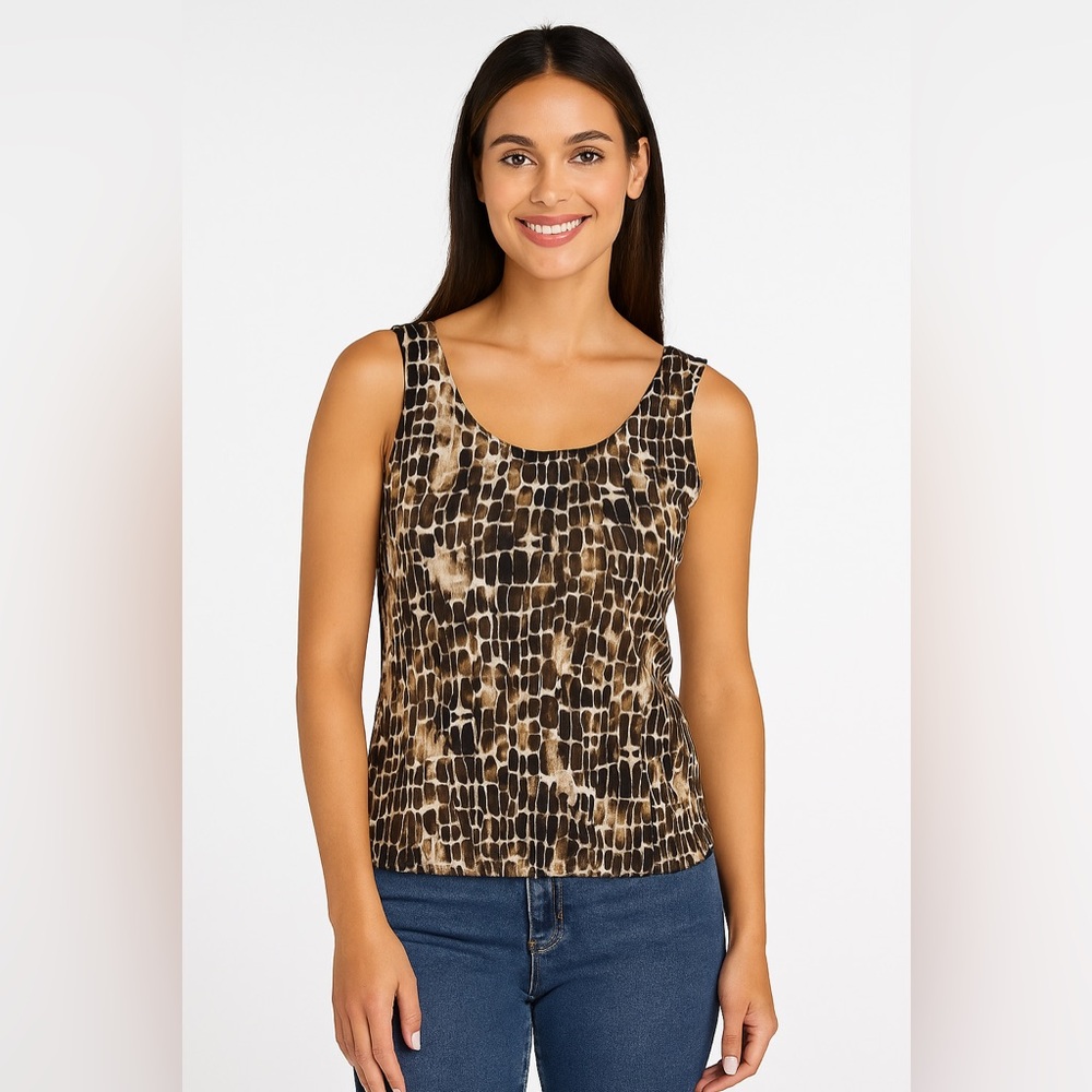 St. John Animal Print Sleeveless Top Blouse 100% Silk Brown Tan Cheetah Leopard
